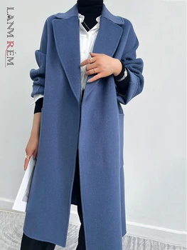 LANMREM נשים מעילי צמר דש זמן מוצק צבע החגורה צמר מעילים רחוב נקבה יוקרה בגדים 2023 החורף החדש 2DA1901