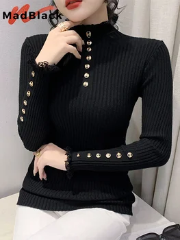 MadBlack בגדים אירופאים לסרוג סוודר נשים צווארון כפתור סלים העליון ארוך שרוול סוודר סתיו חורף T37069JM