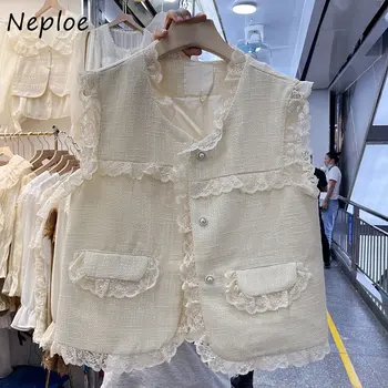 Neploe 2023 קוריאני אופנה קיץ מוצק האפוד V-צוואר טלאים פטריה לכל היותר אלגנטי תחרה ללא שרוולים אחת עם חזה צים