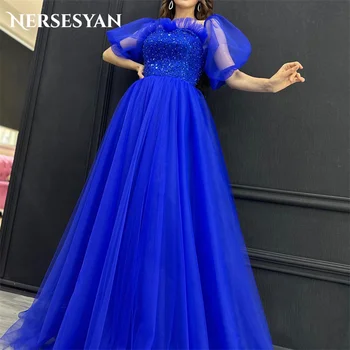 Nersesyan כחול רויאל פאף שרוולים שמלות ערב פייטים מחוץ כתף טול קפלים שמלות נשף ארוכות קו עטוף שמלת מסיבת
