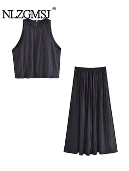 Nlzgmsj TRAF 2023 הקיץ ללא שרוולים בועות שחור חולצה עליון + גבוהה למתוח קו מותן חצאית שחורה סטים לנשים חליפה אופנת רחוב