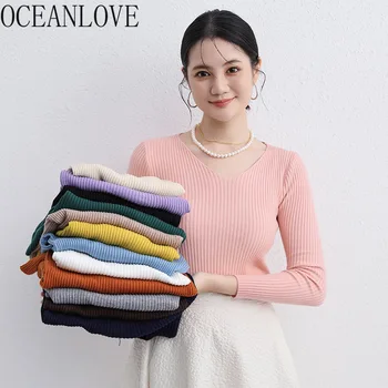 OCEANLOVE סתיו חורף בגדי נשים סוודרים אופנה קוריאנית צוואר V יסודות מוצקים למשוך נשי צבע ממתקים קצר Pullovers