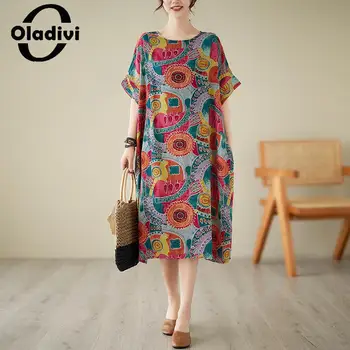 Oladivi אופנה מודפס נשים מידות גדולות שטחי כותנה רופף פשתן שמלת קיץ מנופחים, שמלות נשיות טוניקה החלוק 5XL 6XL 218