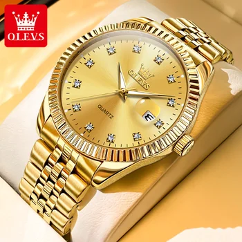 OLEVS 5526 גברים שעוני יוקרה זהב קוורץ שעון היד עמיד למים זוהר מגדלת תאריך יהלום מידה Causual יומי שמלה