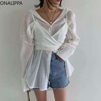 Onalippa מזויף שני חלקים רופפים החולצה נשים מוצק יחיד עם חזה קרוס האפוד שיפון חולצה עדינה הרוח תחרה עד אמצע אורך חולצות