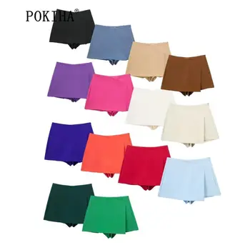 Pokiha קיץ נשים מוצק צבע סימטרית סלים מכנסיים קצרים חצאיות משרד ליידי רוכסן בצד מזדמנים מכנסיים קצרים שיק Pantalone Cortos