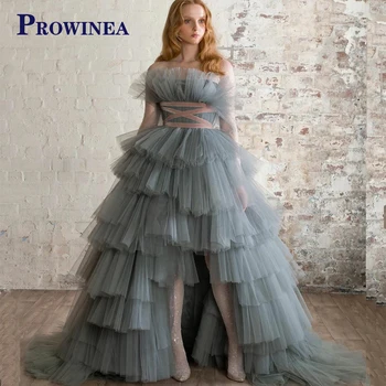 Prowinea שרוולים מדהימה פרע טול שמלות נשף ארוכות קו-שכבתית שמלות ערב ללא משענת Vestidos גלימות דה לנשף קפלים