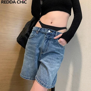 REDDACHiC סקסי המפשעה קרקעיות מכנסי ג 'ינס קצרים לנשים אישיות מותן נמוכה ישר קצר באגי ג' ינס רחב הרגל Y2k מכנסיים