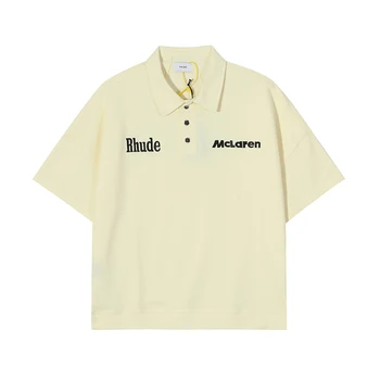 RHUDE ההגעה כותנה טי חיובית מכתב לוגו רקמה משמש חולצת פולו גברים נשים Oversize דש צווארון כפתור שרוול קצר
