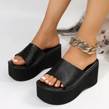 Rimocy עבה פלטפורמת סנדלי נשים אופנה שחור PU עור טריז נעלי בית. אישה 2023 הקיץ עבה התחתונה שקופיות בתוספת גודל