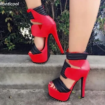 Ronticool בעבודת יד נשים פלטפורמת סנדלים דק עקבים גבוהים עגול הבוהן אדום מדהים מסיבת נשות נעליים גודל ארה 