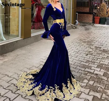 Sevintage כחול רויאל ערבית בת ים קטיפה שמלות ערב V-צוואר ארוך שרוולים קצרים אפליקציות שמלות לנשף האלג ' ירי תלבושות 2023