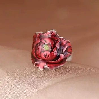 SR עשוי אמאיל מקושט אדום אדמונית, פרח רחב הפנים הטבעת אמנותי בסגנון הלאומי רחב גרסה פרח עשיר טבעת מתכווננת