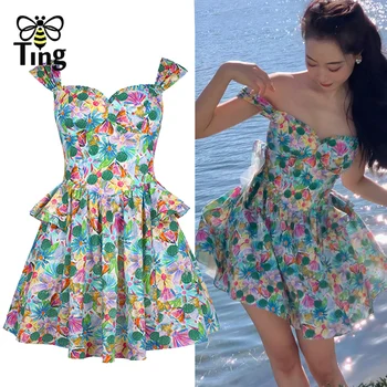 Tingfly מעצב הקיץ אסתטי פרחוני סלים קו Mini שמלה קצרה צרפת שיק מתוקה מחשוף מזדמן ברחוב שמלה חמודה