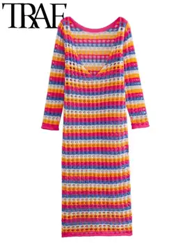 TRAF 2023 האישה אופנה מזדמן התאמת צבעים חלול החוצה צבעוני פסים שמלה ארוכה סלים עמוק צוואר V Drersses Vestidos Y2K