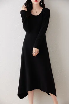 Traf הרשמי 100% צמר מרינו שמלת סוודר 2023 הסתיו-חורף החדשה של נשים סביב צוואר מוצק צבע טוניקה חצאית