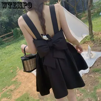 WTEMPO ללא שרוולים שמלה שחורה נשים קשת חמוד קיץ מתוק שיק Harajuku מיני שמלה חדשה תכליתי מועדון מקרית צד שמלות קצרות