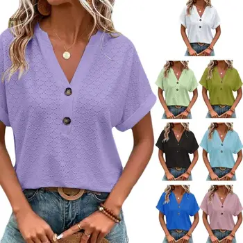 X7YA נשים קיץ, שרוול קצר צוואר V Tshirts מזדמן Tees מקסימום נוחות רפויים חולצות הכפתור למטה טוניקות חולצות