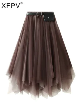XFPV נשים חגורת אמצע עגל אורך גבוהה המותניים רופף קו עם קפלים מוצק בסיסי סדיר חצאית 2023 אופנה האביב הסתיו SM4962