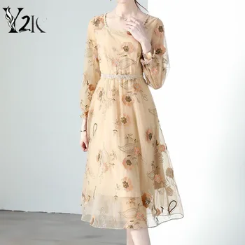 Y2K בגדי יוקרה וינטאג אלגנטית פרח רקמה פאף שרוול midi שמלות נשים בגדים zevity באיכות גבוהה מסיבת vestidos