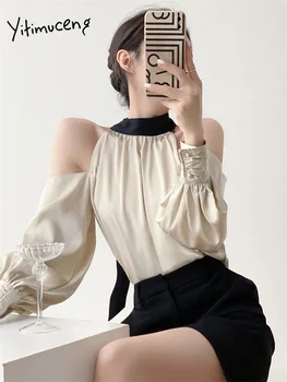 Yitimuceng סאטן חולצה לנשים 2023 סתיו אופנה חדשה וינטג את הכתף מקסימום שיק יומיומי שרוול ארוך חולצות מוצק