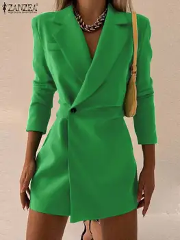 ZANZEA 2023 סתיו מוצק כפתור Vestidos נשים שרוול ארוך מעיל שמלה רשמית למשרד אלגנטי, שמלת מיני מזדמן חליפת צווארון החלוק