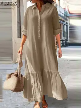 ZANZEA האישה אופנה דש צוואר שמלת קיץ שרוול ארוך צבע מוצק Shirtdress נקבה וינטג ' OL המשרד השמלה קפלים שולי השמלות.