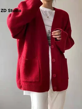 [ZD סטודיו] נשים קרדיגן סרוג V-צוואר מוצק צבע יחיד בעלות כיסים מתוק סוודרים 2023 חדש סתיו בגדים 2X106