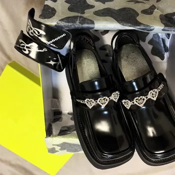 אוהב ריינסטון פלטפורמה פטנט נעלי עור בסגנון בריטי נשלף דקורטיביים מרי ג ' יין נעליים בוהן מרובע יחיד משאבות