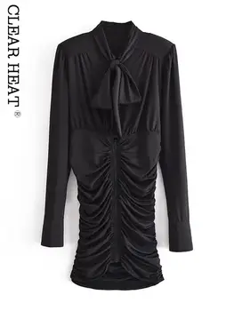 אופנה מוצק מסודרת קפלים Slim Fit שמלת מיני עבור נשים אלגנטי אופנתי רוכסן שרוול ארוך Vestidos 2023 הגברת רחוב חלוקים