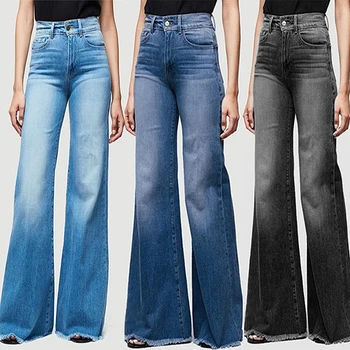 אופנה נשי מוצק צבע אמצע המותניים של המכנסיים מזדמנת נשים ג 'ינס רחב הרגל מכנסיים מזדמנים רופף רחב הרגל מכנסי ג' ינס סטרץ