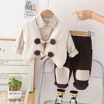 אופנה קוריאנית התינוק הבגדים 1 עד 2 שנים מוצק צבע אפוד ללא שרוולים שרוול ארוך חולצות מכנסיים 3 חתיכה בנים תלבושות ילדים חליפה