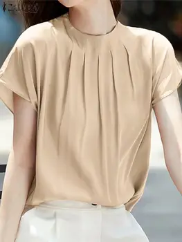 אופנה קפלים צוואר צוות החולצה ZANZEA אלגנטי נשים שרוול קצר בצבע אחיד Blusa הקיץ מזג חולצות תכליתי OL מקסימום