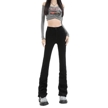 אופנתי בסגנון שחור מוערמים מכנסיים נשים גבוהה המותניים רגל ישרה Y2K נור ג ' ינס