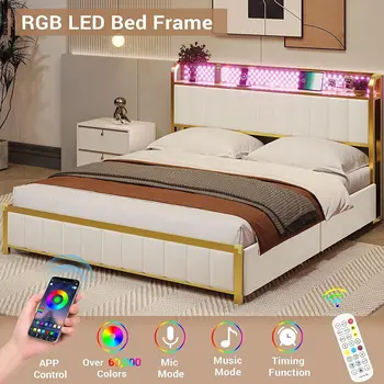 אורות LED מיטה,מיטת קווין סייז,פלטפורמה קלאסי אורות LED מסגרת מיטה עם מגירות המיטה,נוח נוער חדר של מבוגר.