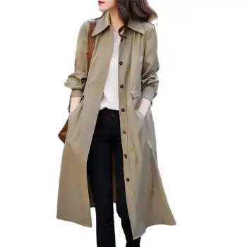 אחת עם חזה ארוך מעיל רוח שיק אביב סתיו בגדי נשים מעיל 2023 חאקי החגורה מקרית קוריאני גרסה הלבשה עליונה