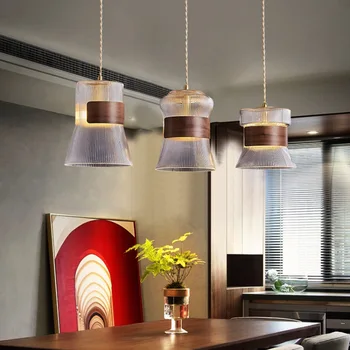 אי מטבח מנורות מודרני עץ אגוז עיצוב הבית נברשת תאורה פנימית סלון חדר אוכל תליון זכוכית מנורות