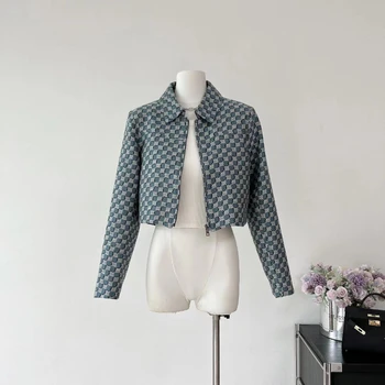 איכות גבוהה חדש אופנה רטרו עיצוב אקארד מעיל קצר קוריאנית סתיו טמפרמנט שרוול ארוך ז ' קט Zip נשים מעיל