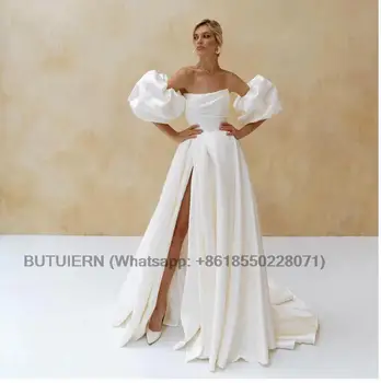 אלגנטי סאטן שמלת חתונה קצר פאף שרוולים 2023 פשוטה לבנה שמלת כלה קו הצד שסף רכבת לטאטא Vestido de נוביה