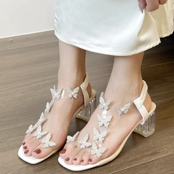 אלגנטי פרפר בציר סנדלי נשים טהור צבע פייה מתוקה רצועת קרסול נעלי נשים העקב כיכר קוריאני אופנה נעלי 2023