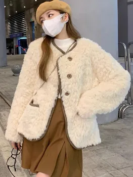 אלגנטי צמר מעיל נשים אחת עם חזה כיסים V-סתיו חורף מוצק אופנה קוריאנית רופף מעיל וינטג להאריך ימים יותר 2023