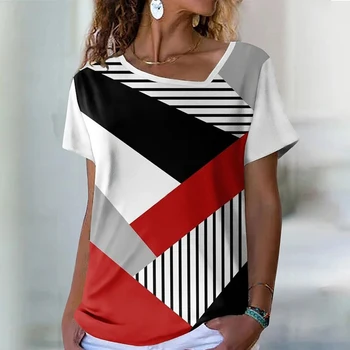 אלגנטי קיץ מודפס V-צוואר פסים חולצה אופנה הנסיעה סלים ג ' קט 2023 אופנת רחוב נשים מזדמנים שרוול קצר חולצה למעלה