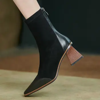 אמיתי מגפי קרסול עור לנשים נעליים עבה עקבים גבוהים קצר גרב מגפיים טלאים חורף סתיו הנשית הנעלה גודל 33-43