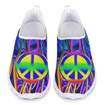 אמנותי צבעוני שלום ואהבה הדפסה מזדמן שטוח נעלי נשים קיץ חם חדש חיצוני נעלי ספורט נוחות שטוח רך רשת נעליים