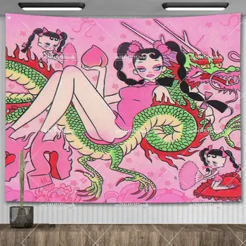 אנימה שטיח הקיר Y2k ורוד אסתטי איור ציור Kawaii נערה חדר אמנות פוסטר מנגה מם שטיחי קיר לקישוט הבית