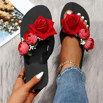 בוהן פתוח פרחים נעלי בית לנשים בנות קיץ כפכפים בוהמי סנדלי נעליים מזדמנים נשים רוז קישוט סנדלים