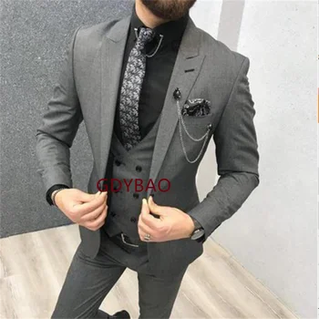 בוטיק צבע טהור Mens עסקים רשמית חליפת שלושה חלקים סט חתן חתונה שמלת תחפושת Homme De Luxe ' קט + אפוד + מכנסיים