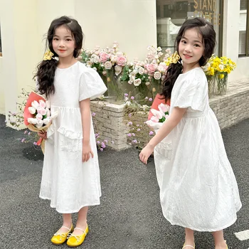 בנות הלבוש 2023 הקיץ ילדים חדשים בגדים כיס ילדים לבן אלגנטי נסיכת שמלות, #7460