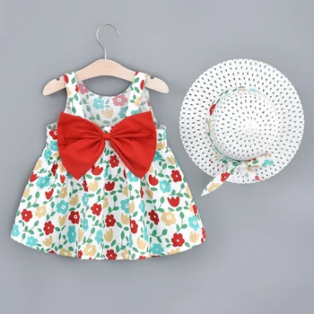 בנות קיץ חדש בכל פרח הדפסה השמלה ילדים מוצק צבע גדול הקשת הנסיכה שמלה+כובע שני חתיכת קבוצה
