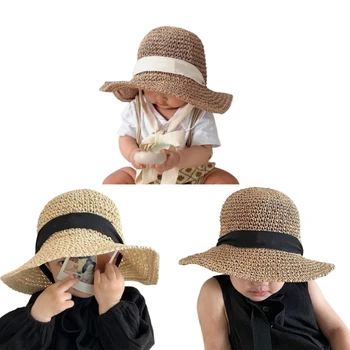 בקיץ כובע קש ארוג כובע חוף השמש כובעים עבור ילדה קטנה תינוקות פעוטות צילום אביזרים רחב שוליים SunProtection כובע D7WF